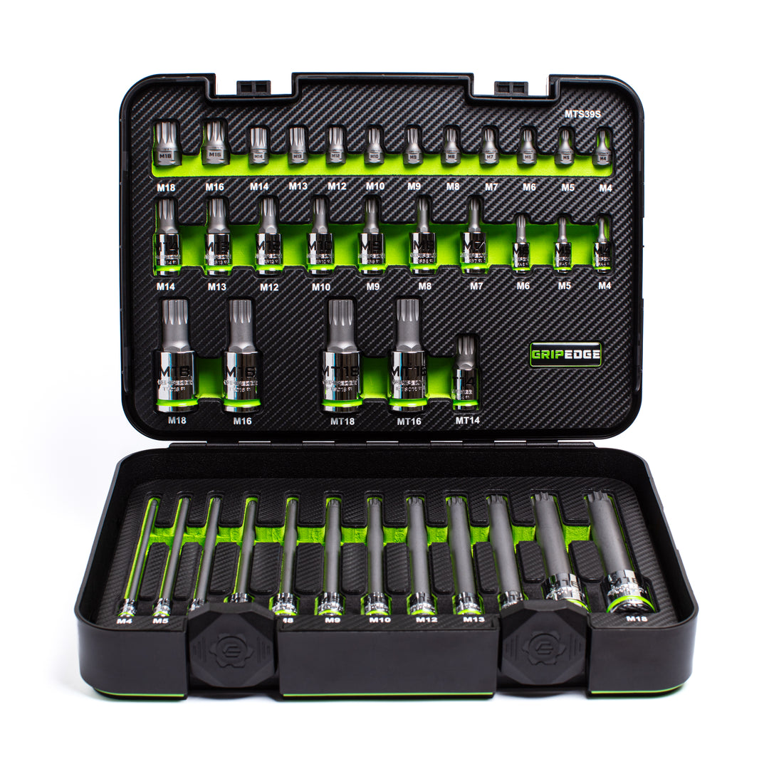 GripEdge | 39-PC RPT™ 1/4", 3/8", & 1/2" Drive Low-Profile, Standard, Extra-Long & Security Master Triple Square Socket Set