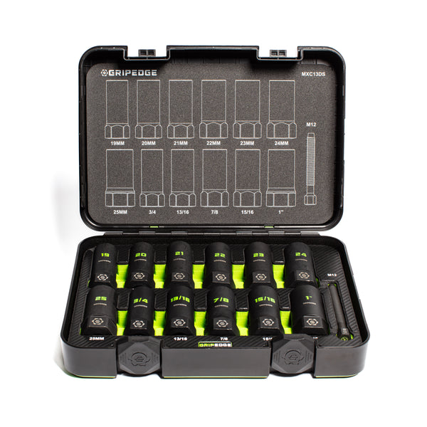 GripEdge | 13-PC G-FORS 1/2" Drive Deep Metric & SAE Master Socket Extractor Set