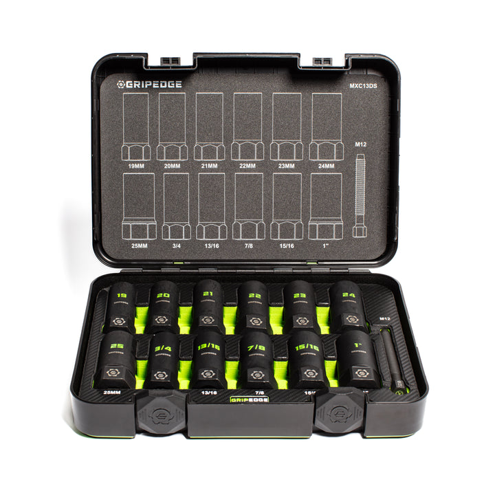 GripEdge | 13-PC G-FORS 1/2" Drive Deep Metric & SAE Master Socket Extractor Set